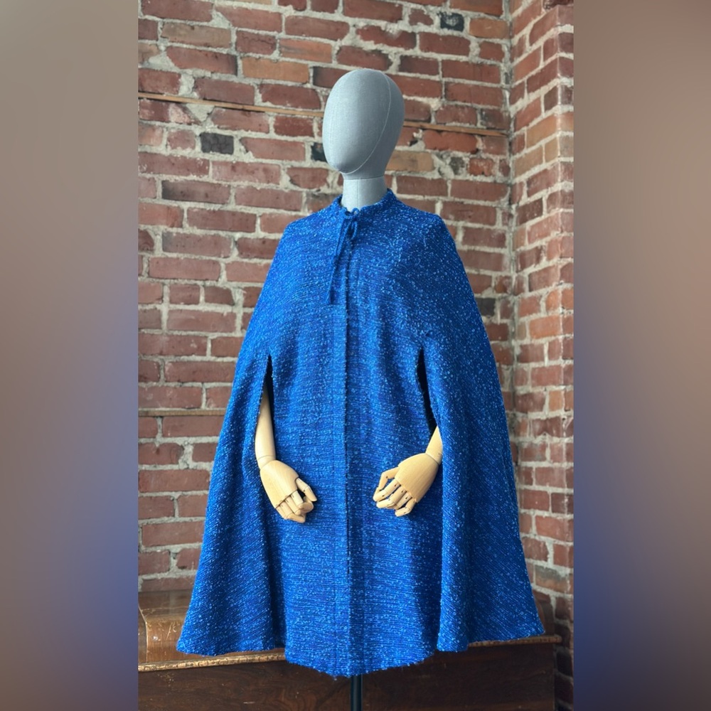 Vintage Blue Bouclé Wool Cape Hand-Loomed Cloak